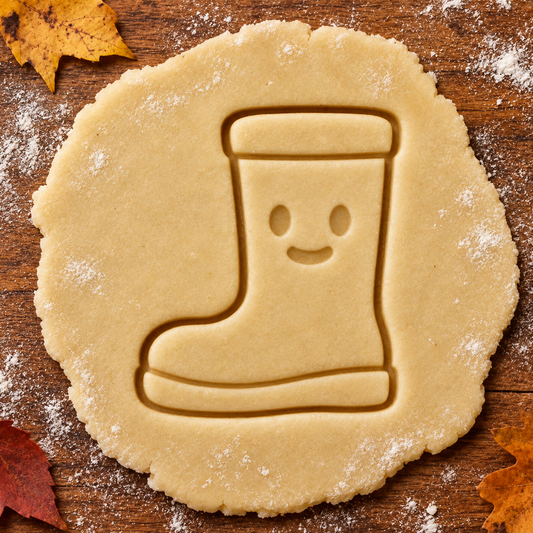 Happy Rain Boot imprint pressed into cookie dough