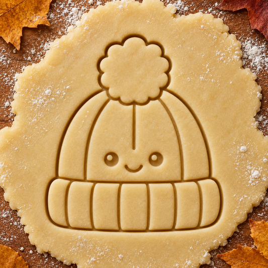 Knitted Beanie imprint pressed into cookie dough