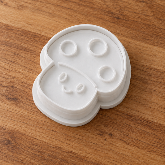Friendly Mushroom cookie cutter and imprint stamp in white PLA on wood – product visualization
