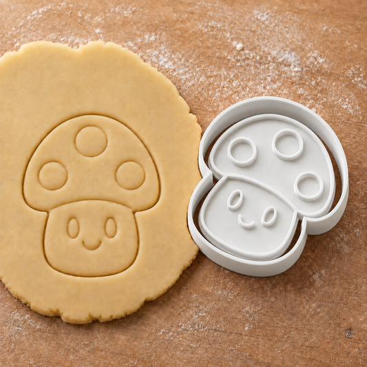 Friendly Mushroom imprint pressed into cookie dough