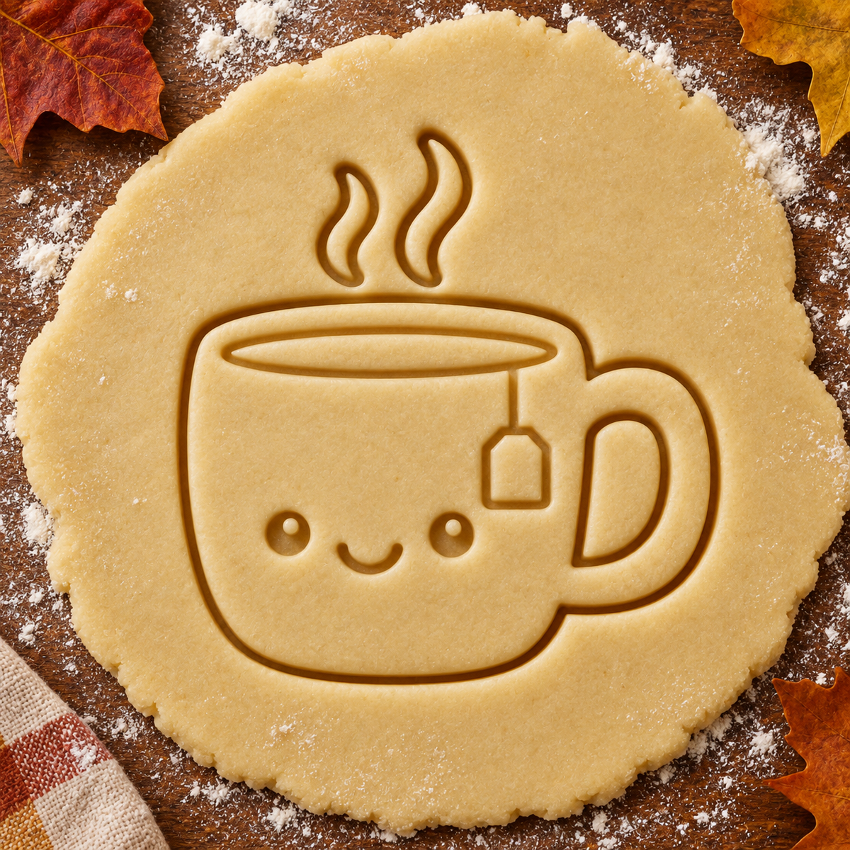 Cozy Tea Mug imprint pressed into cookie dough