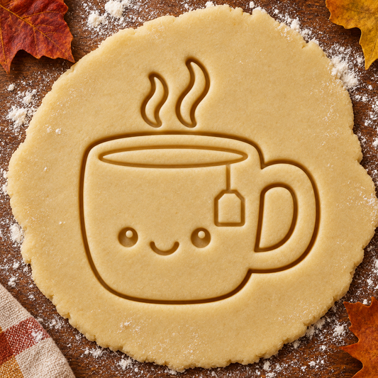 Cozy Tea Mug imprint pressed into cookie dough