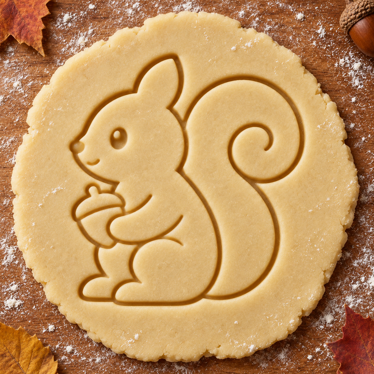 Autumn Squirrel imprint pressed into cookie dough