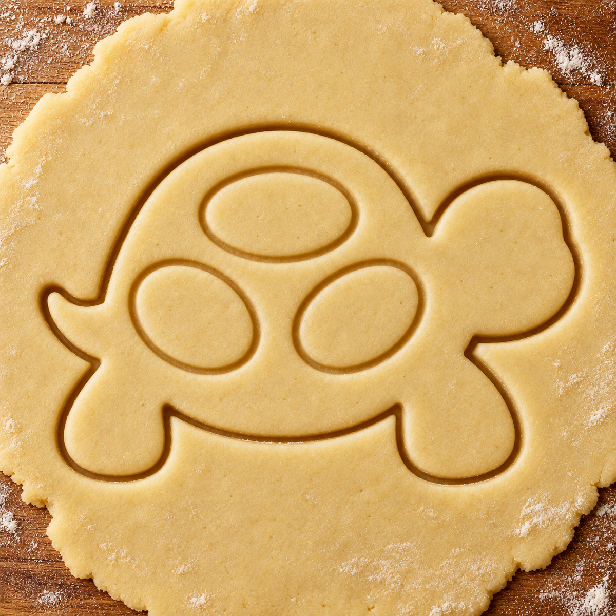 Happy Turtle imprint pressed into cookie dough