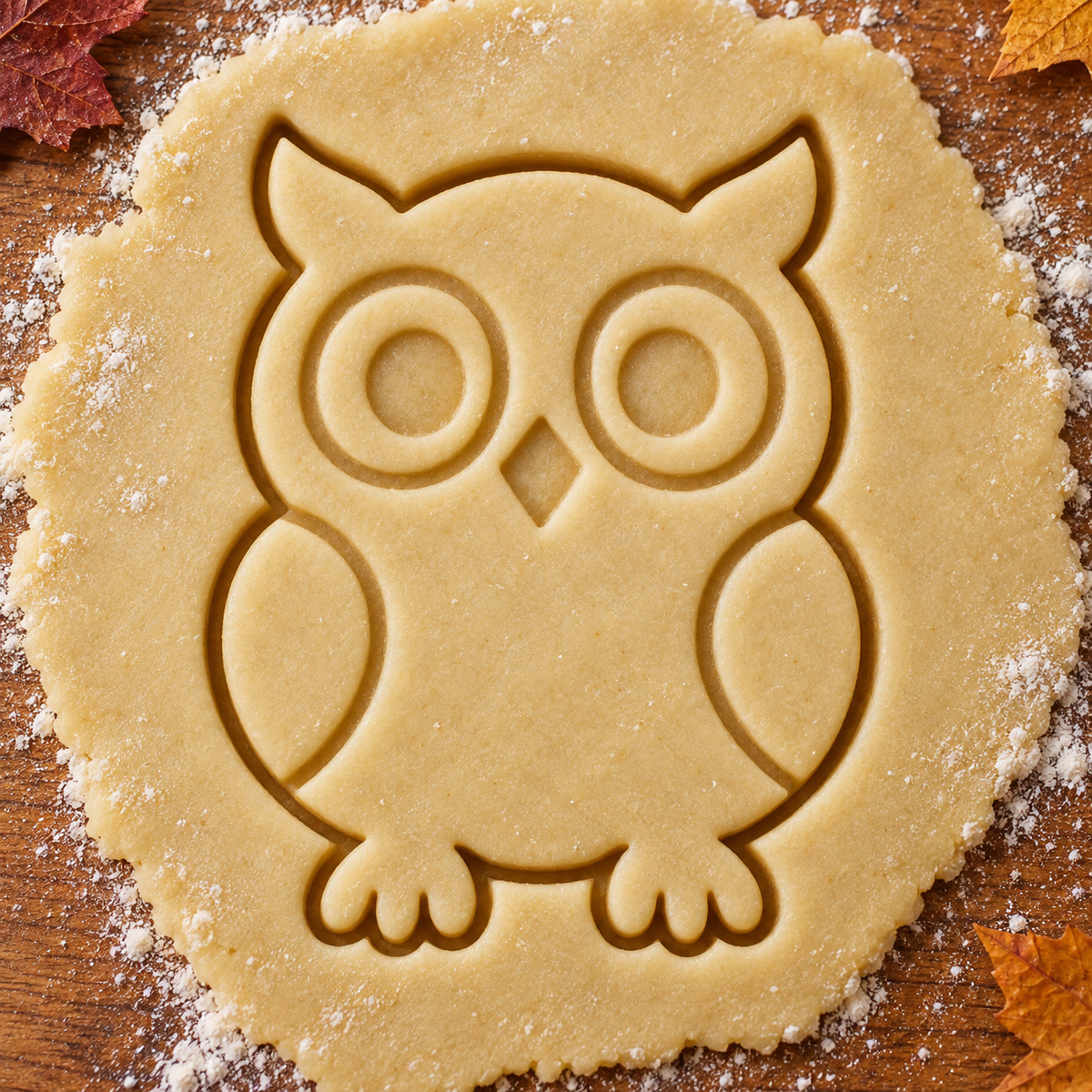 Autumn Owl imprint pressed into cookie dough